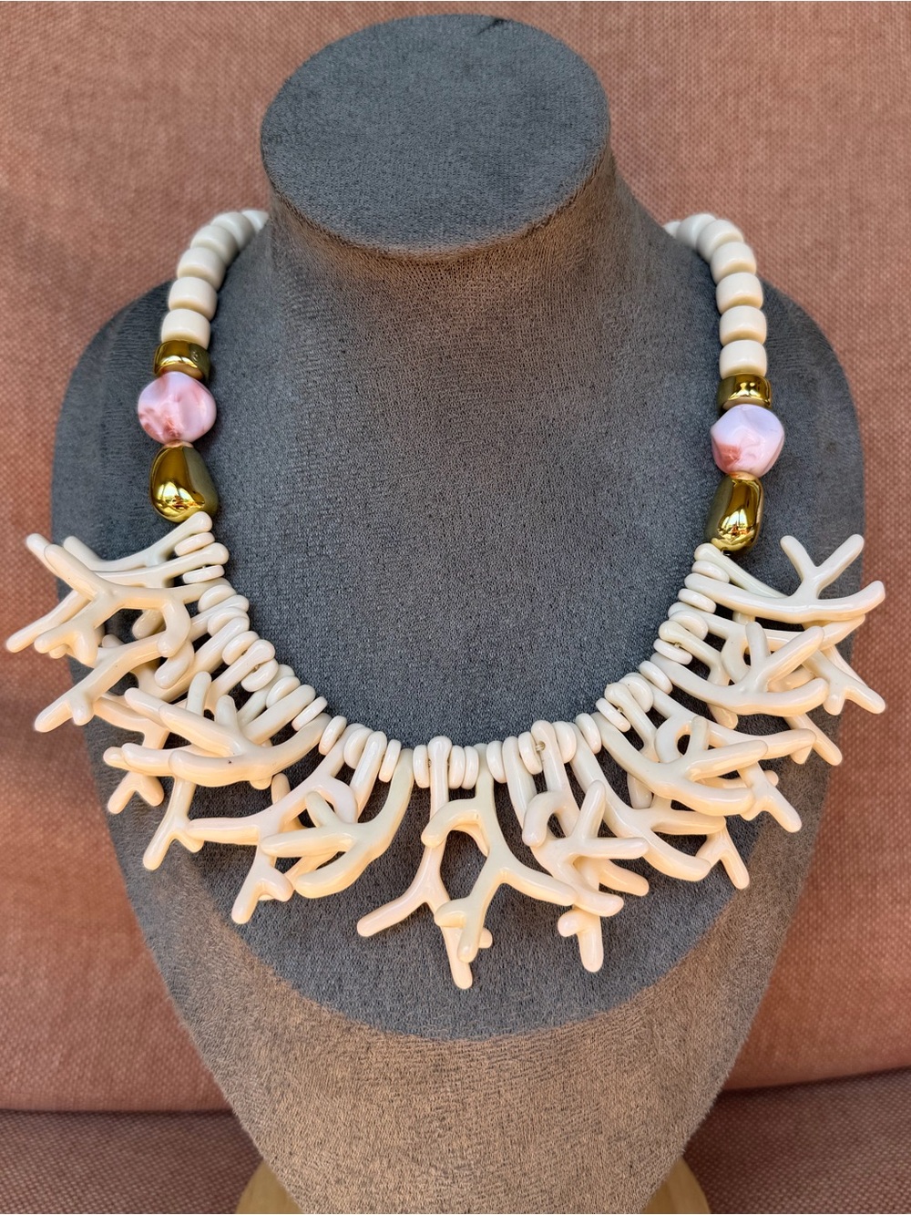 Cream Coral Branch Necklace with Pink Accent Beads
